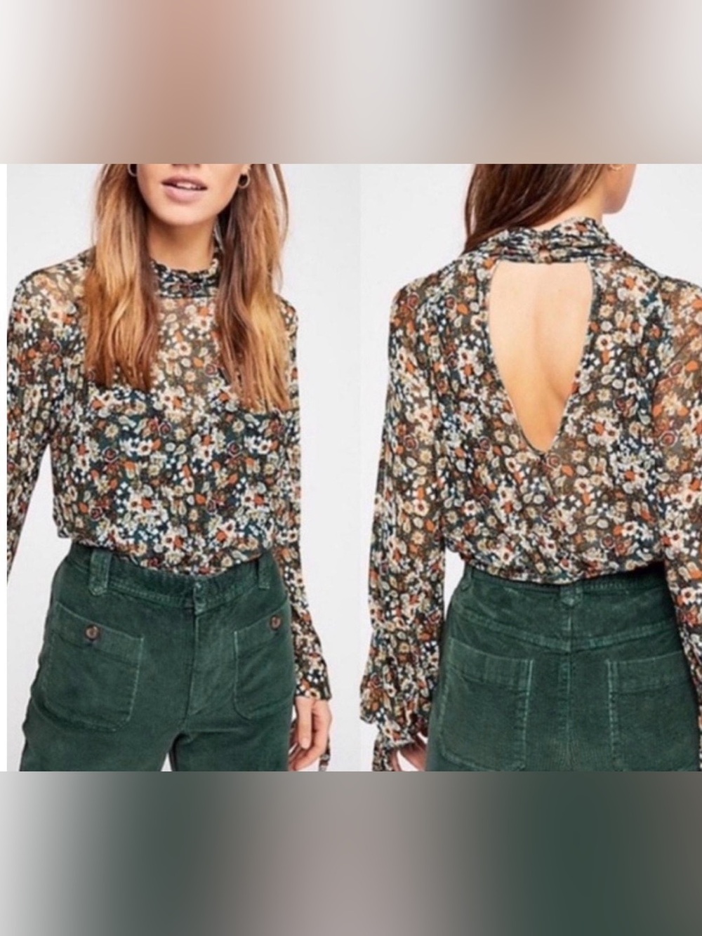 Free People All Dolled Up Floral Green Sheer Mock Neck Long Sleeve Mesh Top XS